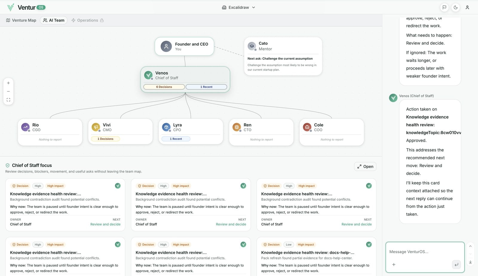 The VenturOS AI Team org chart showing seven specialists under Venos with the Chief of Staff focus panel